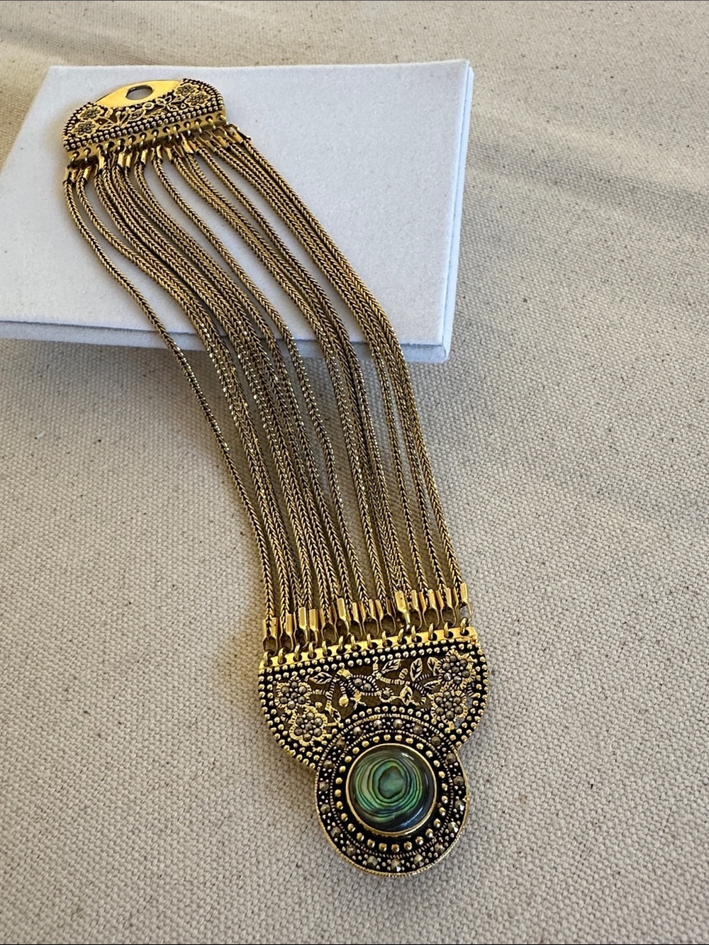 Gold Filigree Statement Hand Cuff with Green Abalone Center